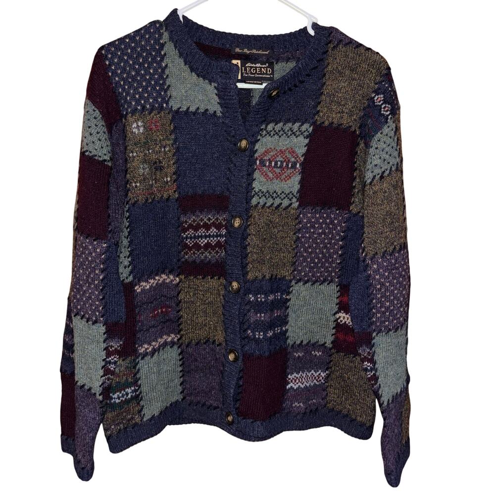 Eddie Bauer Legend Deer Bay Patchwork 100% wool button front sweater (medium)